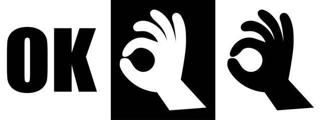  Human hand with OK sign vector illustration. Abstract OK okay hand symbol. Black silhouette of hands showing ok sign.