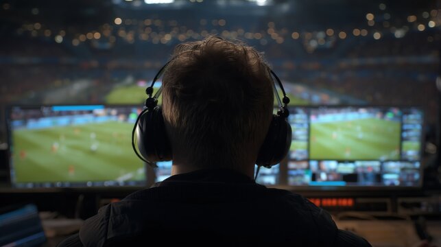 Broadcast Technician Monitoring Live Soccer Match on Dual Screens