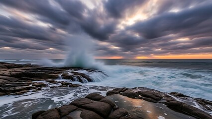 Dramatic coastal scene with crashing waves and moody sky at sunset
