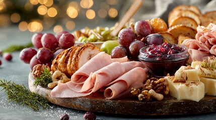 Holiday breakfast platter with smoked ham, brie, nuts, and fruit on a taupe backdrop, open area above