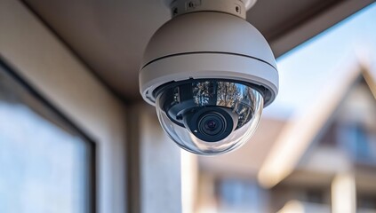 A security camera is mounted indoors, capturing its surroundings with a clear lens, showcasing modern surveillance technology.