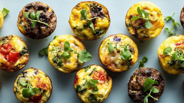 Mini frittatas with vegetables arranged neatly on pale blue surface, right copy area