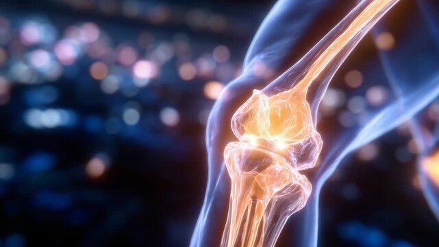 Detailed 3D medical visualization of the human knee joint anatomy, bones and ligaments rendered in transparent layers, pain area glowing in vivid orange, scientific illustration st
