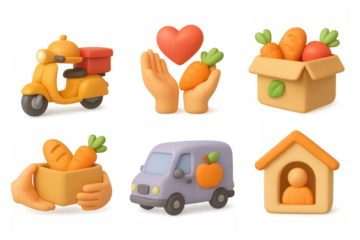 Whimsical food delivery icons with hands, carrots, and vehicles for creative design projects