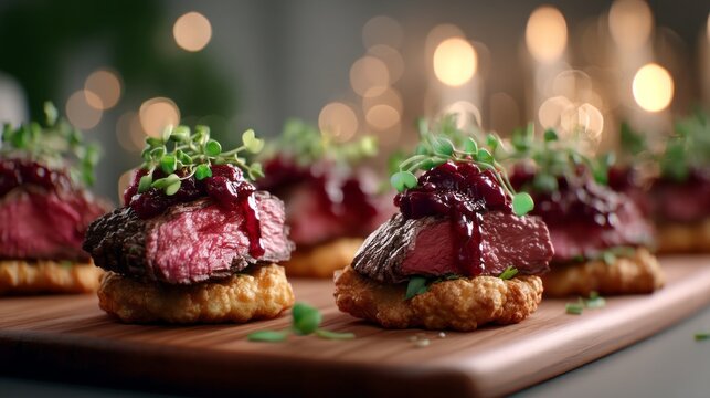 Delicious small bites of tender meat rest on crispy bases, elegantly topped with a rich berry sauce and fresh microgreens. The setting glows with warm lights, creating a cozy atmosphere