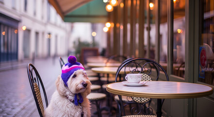 Dog Wearing Blue and Pink Wool Hat Sitting at Cafe Table.