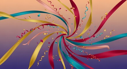Colorful ribbons swirling with confetti against gradient background