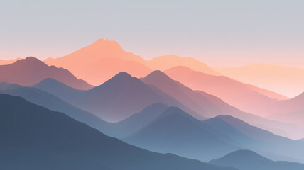 Fototapeta premium Pastel mountain landscape with soft sunrise gradient and layered silhouettes 