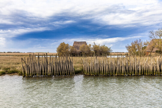 Fishing in the Marano Lagoon uses traditional methods like fixed nets "grasioi" leading to traps "cogoi"