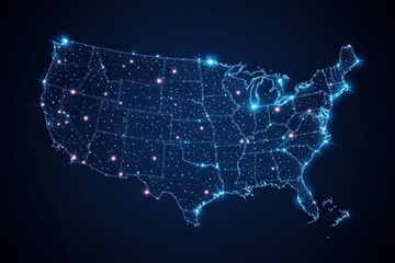 A glowing map of the United States, showcasing interconnected cities with vibrant lights against a dark background, symbolizing connectivity and technology.