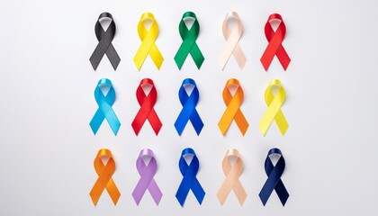 colorful ribbons on white background, world cancer day, World Autism Awareness Day concept