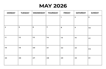 Printable May 2026 Calendar with Daily Boxes — Week Starts from Monday