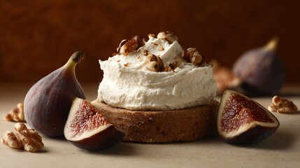 Smooth ricotta spread with figs and nuts on warm cream background, clean negative space above