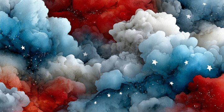 Vibrant Cloudscape Displaying Red, White, and Blue Colors with Twinkling Stars for Independence Day - Powered by Adobe