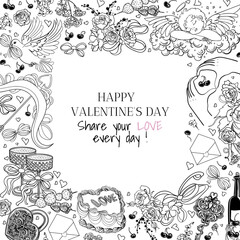 Vector template with a romantic frame featuring festive desserts, drinks, Cupid and arrows, heart-shaped locks, doves, love messages, ribbons, and flowers. Invitation to a date. Valentine's Day decor