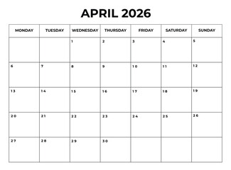 Printable April 2026 Calendar with Daily Boxes — Week Starts from Monday