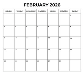 Printable February 2026 Calendar with Daily Boxes — Week Starts from Monday