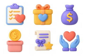 Charity icon set with heart and donations theme for design and print use