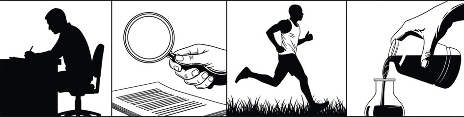 Silhouette research scenes, studying writer, magnifying glass inspection, athlete running outdoors, laboratory pouring experiment, scientific analysis illustration, diverse activity concept artwork