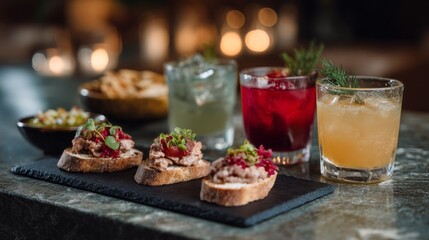 An inviting display of artisan toasts topped with flavorful ingredients beside colorful cocktails in a cozy, dimly lit space. Perfect for evening socializing and savoring culinary delights