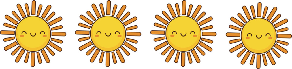Cute smiling sun icons, happy sunshine characters, adorable cartoon sun design, bright cheerful illustration set, playful weather symbol artwork collection