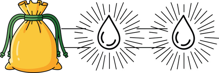 Magic bag illustration with glowing drops, mystical energy symbol artwork, enchanted object concept, fantasy themed design featuring radiant liquid icons