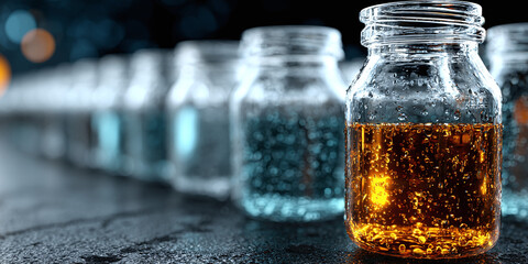 Clear glass vials with amber liquid and clear liquid in laboratory or science setting