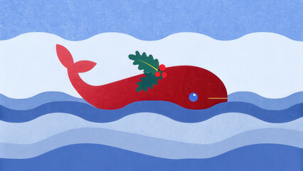 Tropical Christmas whale concept. Whimsical whale adorned with festive greenery swimming in stylized waves.