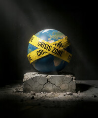 Globe wrapped in yellow crisis tape placed on cracked concrete pedestal under dramatic spotlight, symbolizing global instability, environmental tension and urgent worldwide challenges