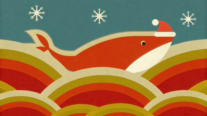 Tropical Christmas whale concept. Colorful whale wearing a Santa hat swims through stylized waves and snowflakes in a festive design.