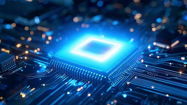 発光するマイクロチップへのズームイン - 近未来的な回路のクローズアップ