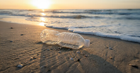 Discarded plastic bottle lying on a beach during sunset, waves approaching gently, emphasizing environmental pollution and the impact of plastic waste on marine ecosystems.
