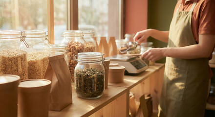 Sunlit zero-waste shop interior with glass jars of grains, nuts and herbs as a worker measures produce on a scale, highlighting sustainable retail and mindful consumption.
