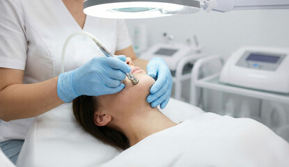 Close-up cosmetic procedure performed by a specialist using professional skincare equipment under bright clinical lighting, focusing on gentle exfoliation and precision facial treatment.