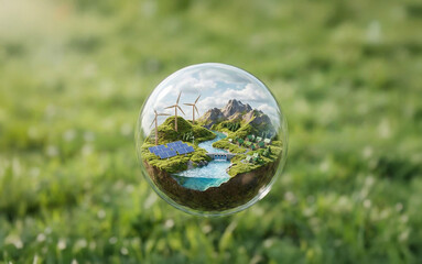 Floating transparent sphere showcasing a miniature sustainable world with wind turbines, solar panels, rivers and mountains, symbolizing ecological harmony and renewable energy innovation.