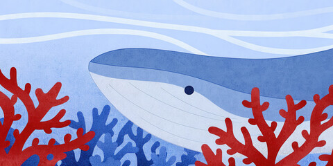 Tropical Christmas whale concept. Underwater mural featuring a whale amidst colorful coral.