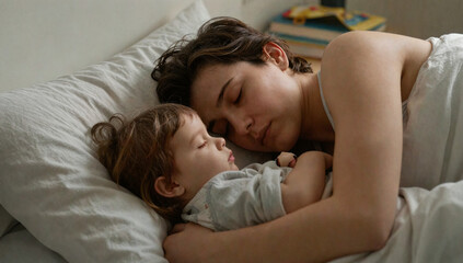 Śpiąca mama przytulająca dziecko w ł&oacute;żku