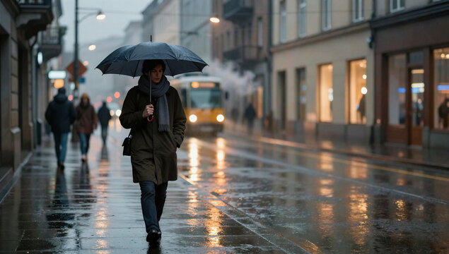 Kobieta z parasolem idąca ulicą w deszczu