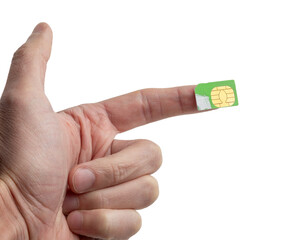 Hand Holding SIM Card for Mobile Technology and Connectivity isolated on a white background
