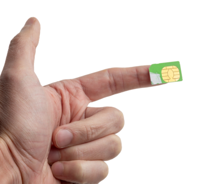 Hand Holding SIM Card for Mobile Technology and Connectivity isolated on a white background