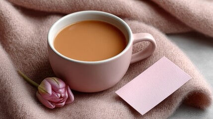 Flat lay of pink blanket, tea cup, supportive cards on soft background