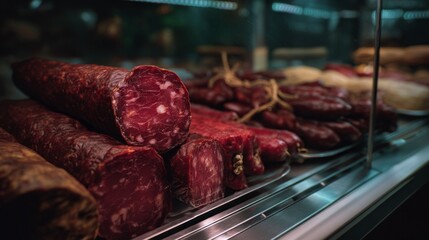 Bright displays of cured meats tempt passersby at a lively market, where rich hues of red and brown invite culinary enthusiasts to sample amazing creations crafted by skilled artisans