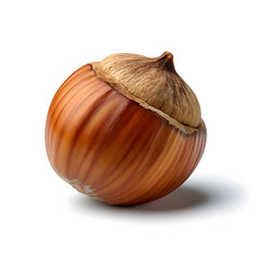 A single brown hazelnut with its husk still attached isolated on white background