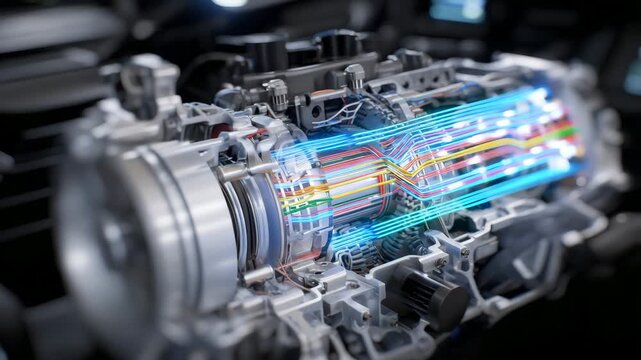 High-detail cutaway of a modern engine, components and wires color-coded for clarity, cinematic composition emphasizing technical precision