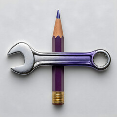 A purple pencil and a metal wrench are crossed together isolated on white background