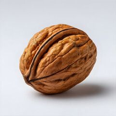 A single whole brown walnut with a textured shell isolated on white background