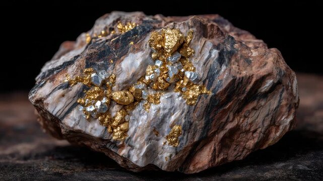 High-detail close-up of silver, gold, and copper ore clusters in their rough stone, light glinting off crystals to highlight natural beauty and rarity