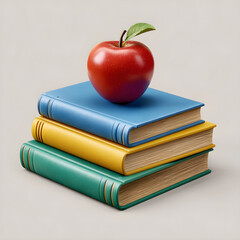 A stack of colorful books topped with a fresh red apple isolated on white background