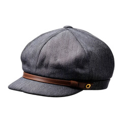 A textured newsboy cap with a brown leather band and brass button detail isolated on white background