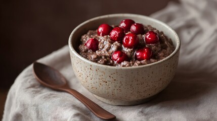 Chocolate porridge topped with cherries on matte cream background, side copy space